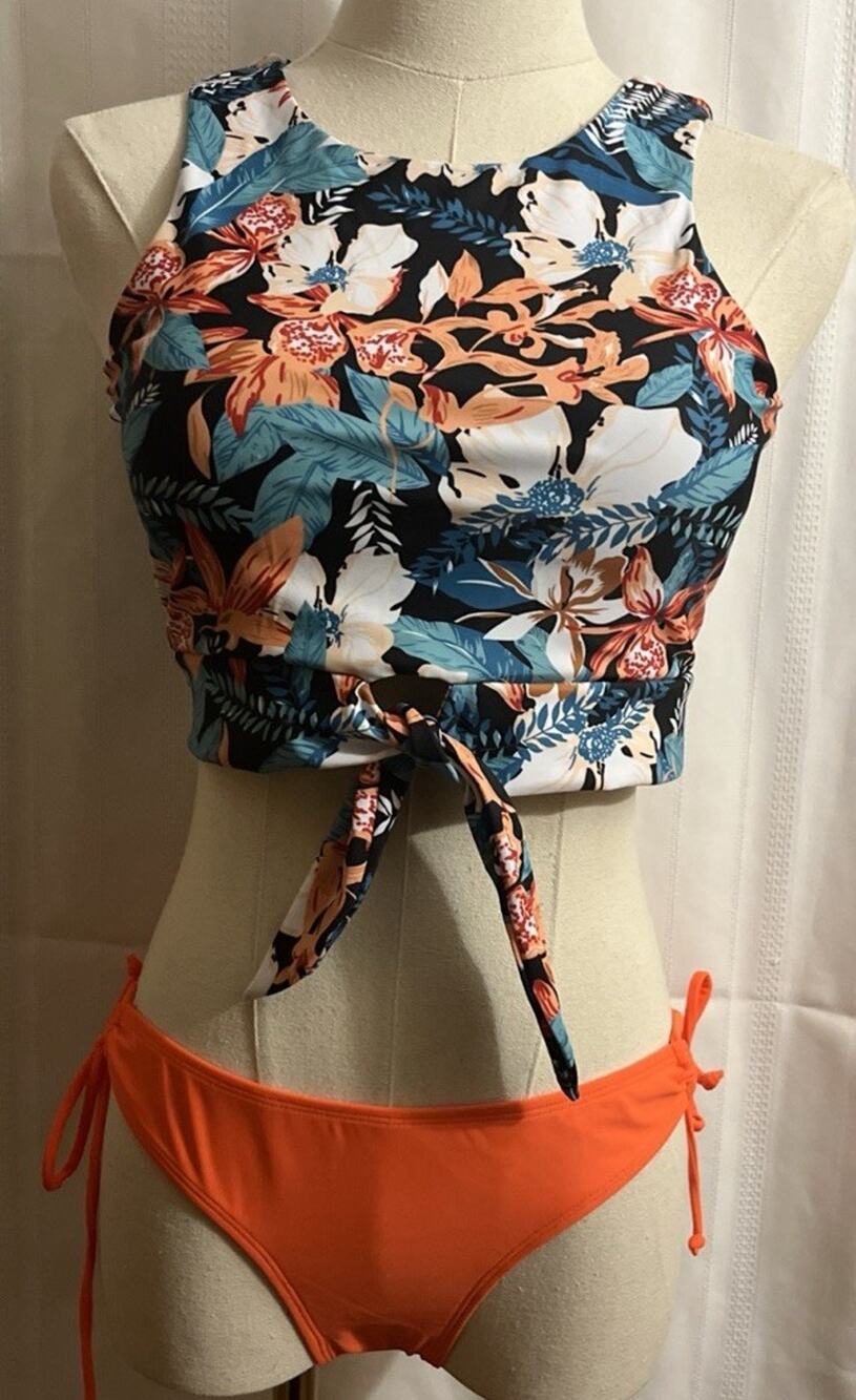 Women’s Tropical Floral Bikini Top Size S High Neck Tie Front W/Orange Bottom XS